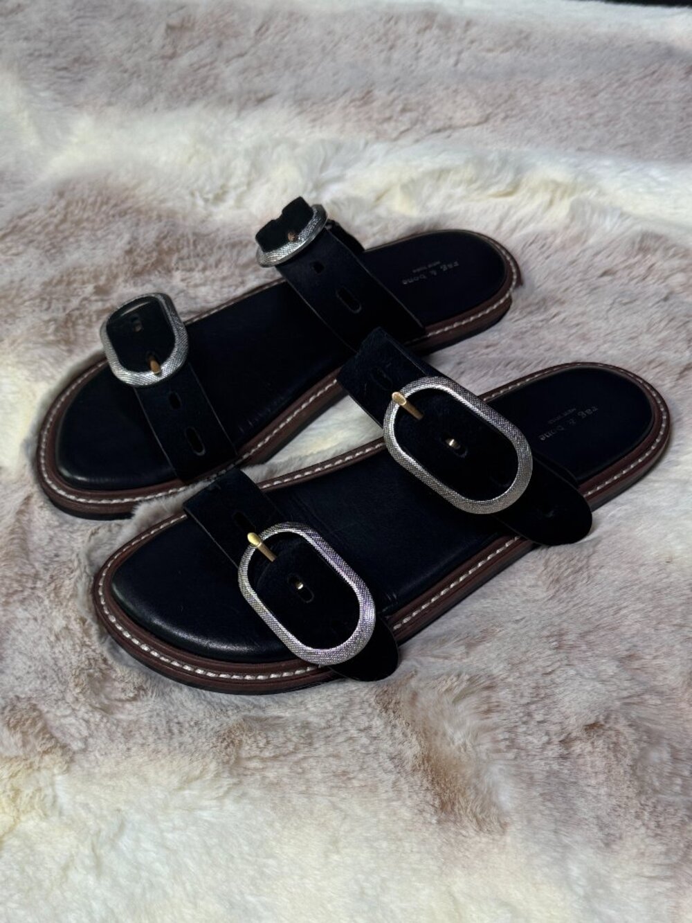 Rag & Bone Ansley Black Suede Two Band Slide Sandals Silver Metal Buckles